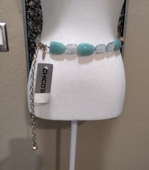 Chico's 'Oddissey' Aqua and Clear Beaded Chain Waist Belt With Gold Accents